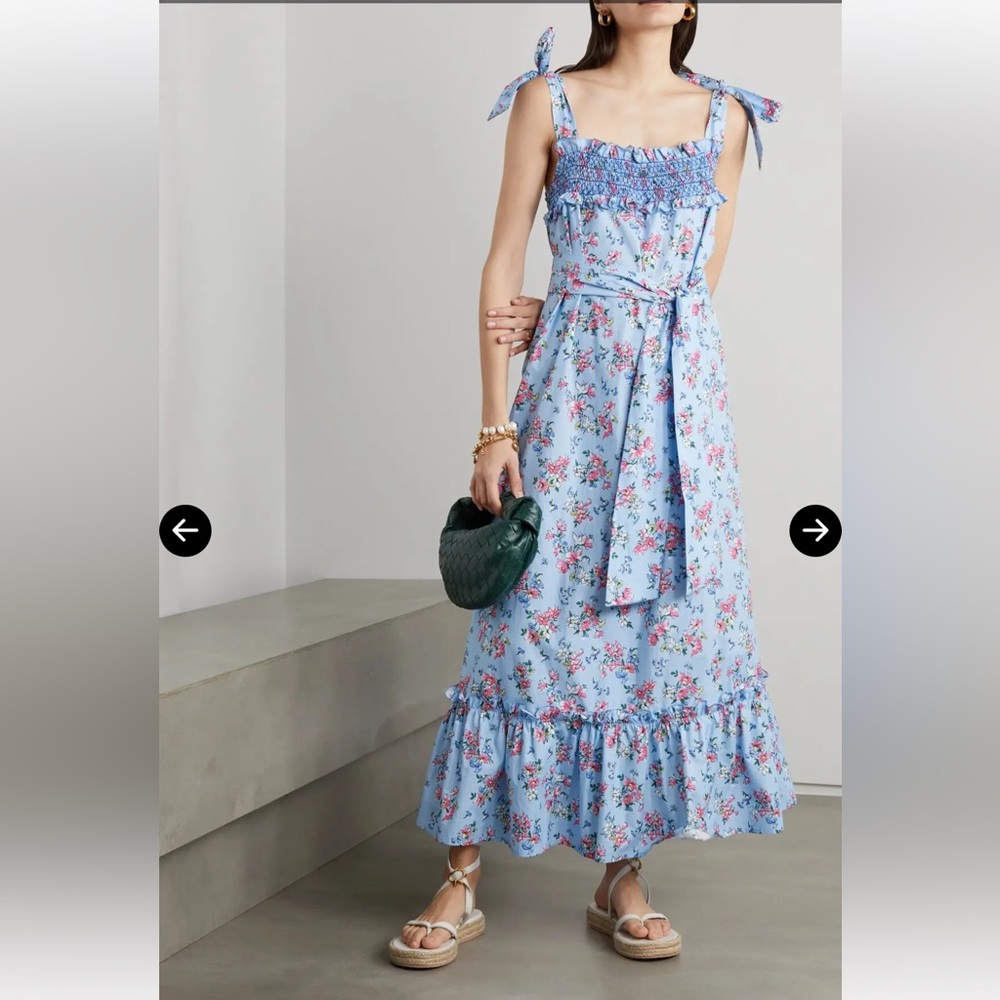 LORETTA CAPONI Armida Belted Ruffled Smocked Floral Cotton-Poplin Maxi Dress